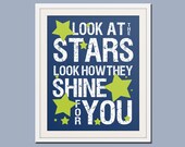 Nursery decor, baby nursery art. Nursery wall quote, inspirational typography print. Song lyrics look at the stars. 11x14 print by Wallfry