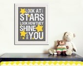 Nursery decor, baby nursery art. Nursery wall quote, inspirational typography print. grey yellow look at the stars. 8x10 print by Wallfry