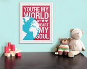 Song lyric nursery decor, baby nursery art. Nursery wall quote, inspirational typography print. you're my world. 8x10 print by Wallfry