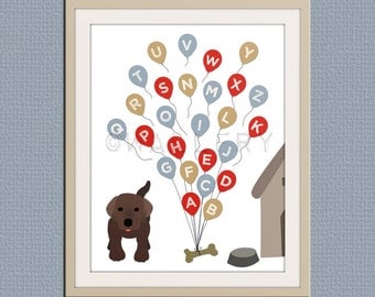 ABC Alphabet nursery art. Puppy dog nursery print. Balloon alphabet poster for kids. Children decor, children art, 11x14 print by WallFry