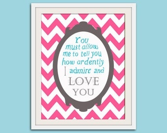 Jane Austen quote nursery art print. Literature quote book wall art print. Chevron nursery decor I love you. 8x10 print by WallFry