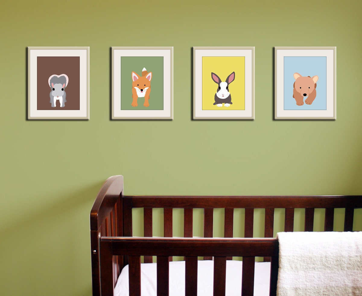 Woodland nursery art. nursery prints of forest critters SIX 11x14 prints. Fox, bear cub, rabbit, deer for baby & kids by WallFry