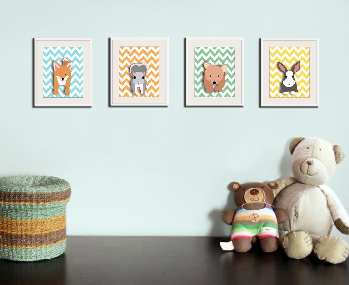 Woodland nursery art print. 4 chevron prints of forest friends critters 5x7. Fox, bear cub, rabbit, squirrel pictures baby & kids playroom