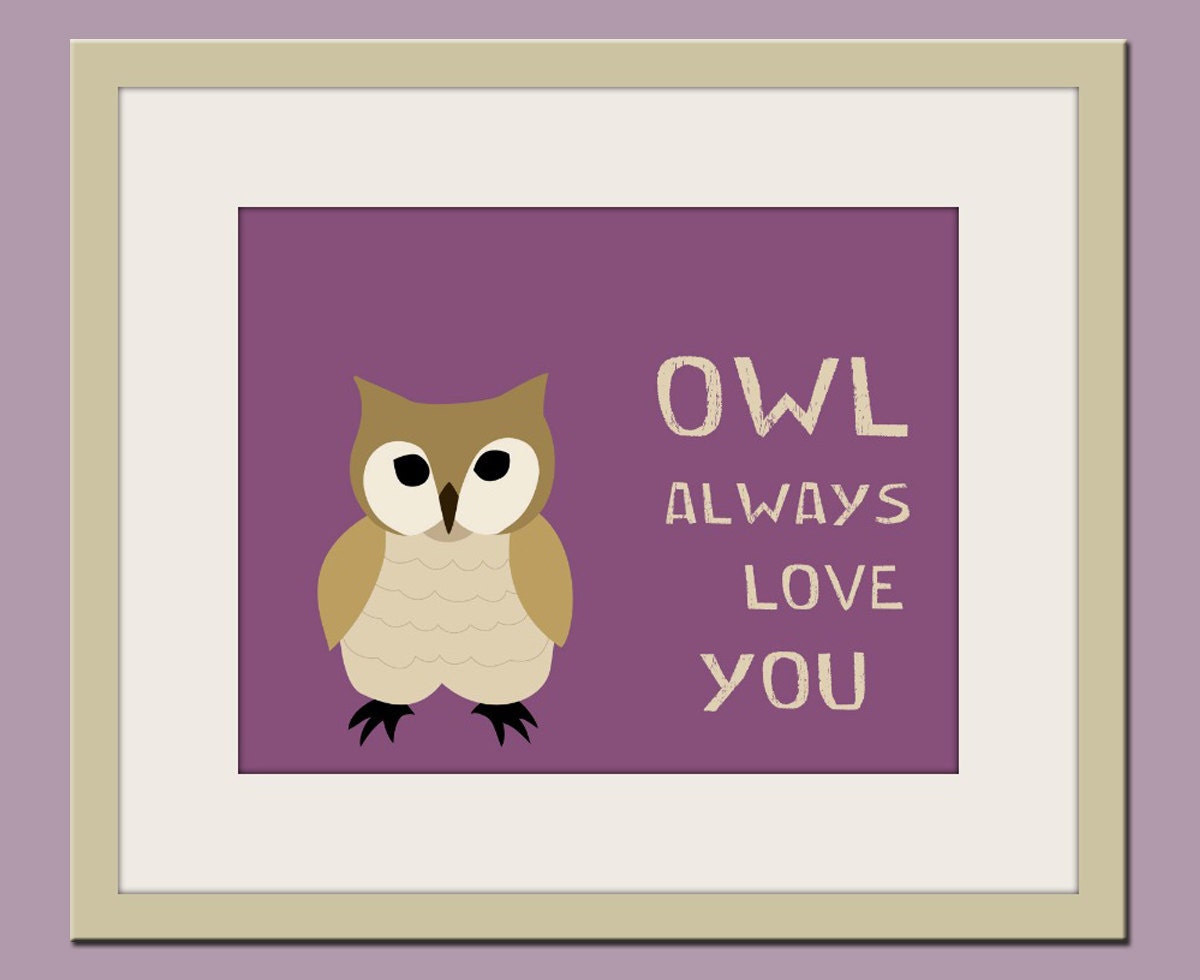 Owl nursery art print forest animals prints. 8x10 Nursery artwork woodland animal. Owl purple custom autumn colors.