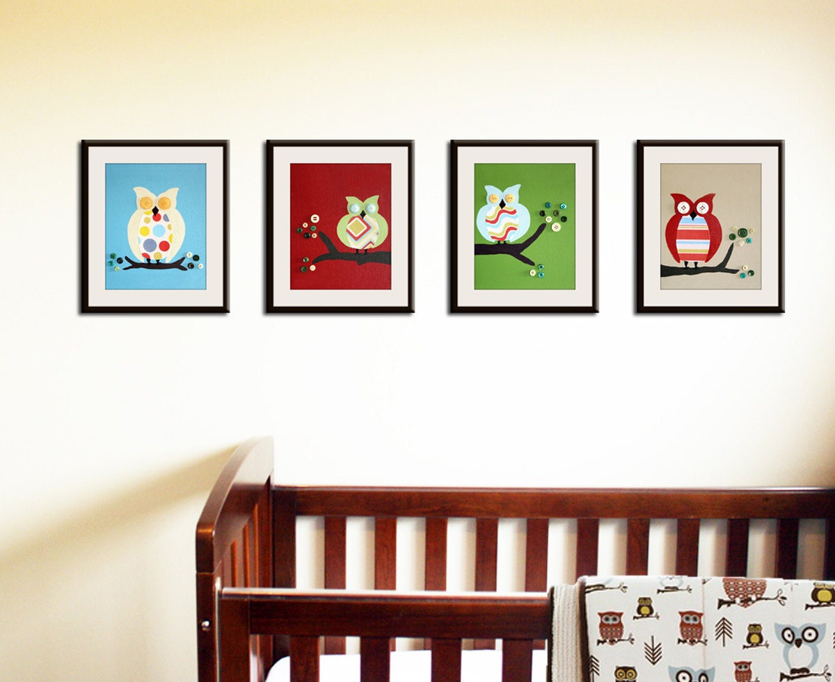 Owl prints nursery art. Owls for boys and girl baby nursery prints. Set of 4 - 8x10 of owl nursery art prints