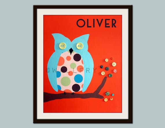 Personalized childrens art. Retro owl print name sign. Kids wall art. Owl nursery art print. Baby nursery print 11x14 by WallFry