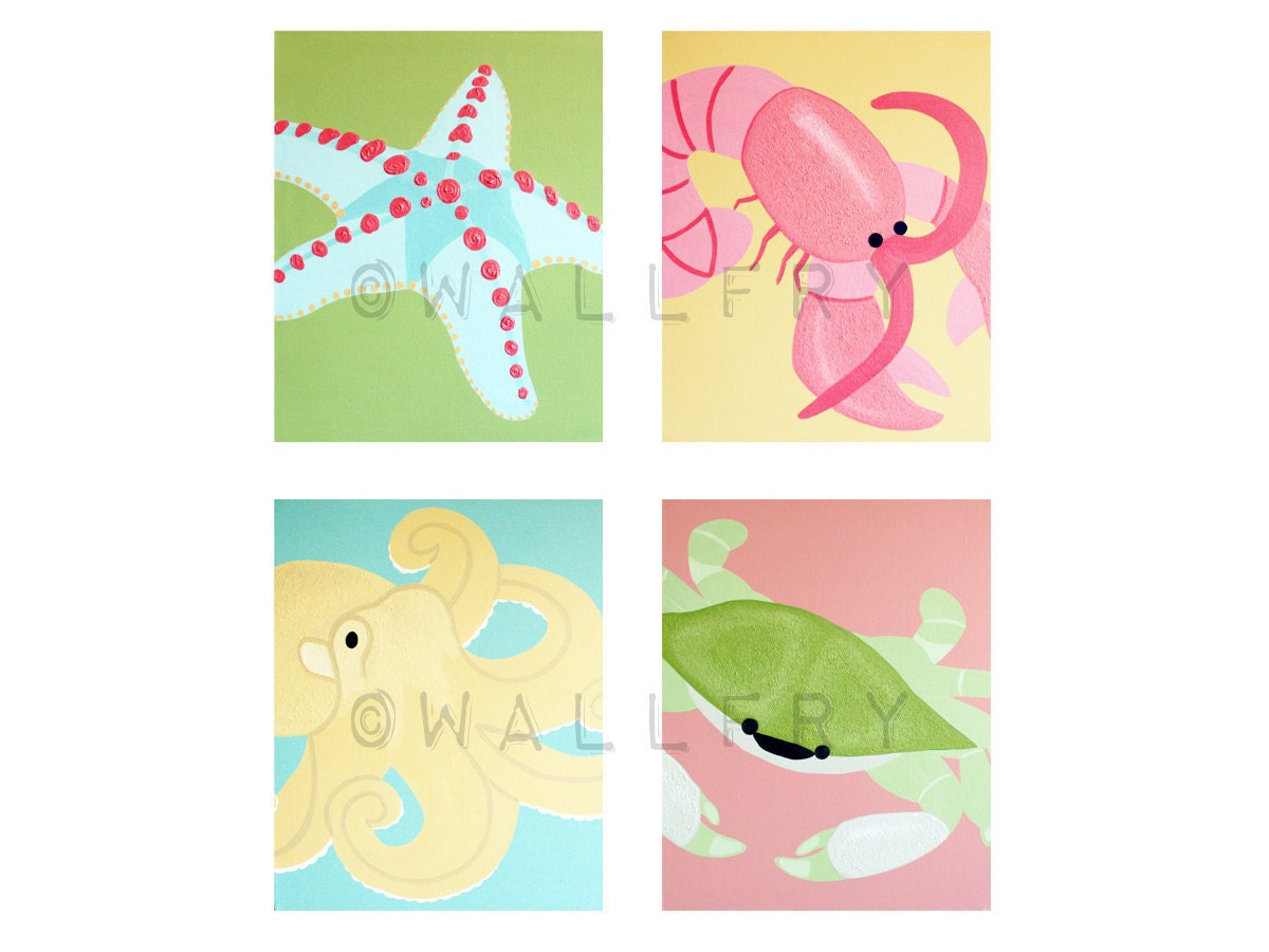 Baby nursery art. Sea creature prints, beach art for kids. Children art marine life. Children bathroom prints. 4 8x10 prints by wallFry