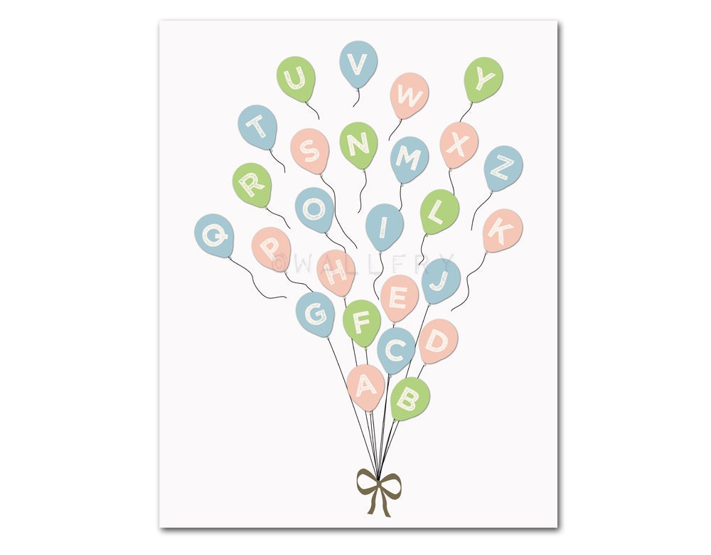 Balloon alphabet print. Balloons ABC poster. Nursery art print, abc nursery. Alphabet poster. Custom colors 11x14 print by WallFry