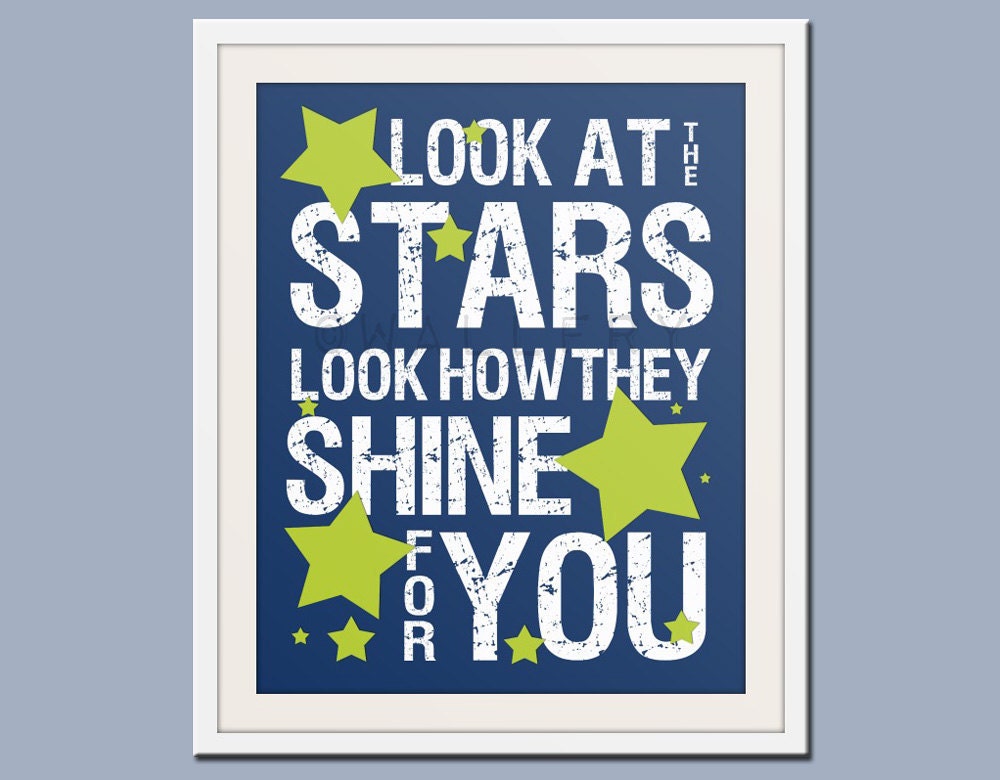 Nursery decor, baby nursery art. Nursery wall quote, inspirational typography print. Song lyrics look at the stars. 11x14 print by Wallfry