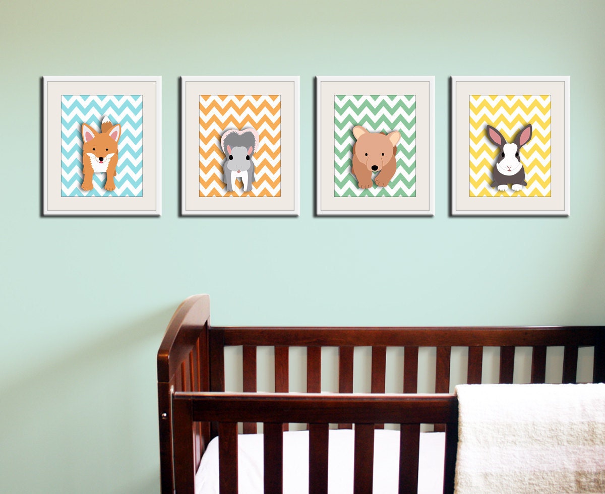 Woodland nursery art. nursery prints of forest critters SIX 11x14 prints. Fox, bear cub, rabbit, deer for baby & kids by WallFry