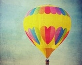 Balloon hearts photo hot air balloon nursery art vintage home decor yellow turquoise rainbow colours happy carnival 4x4 fine art print