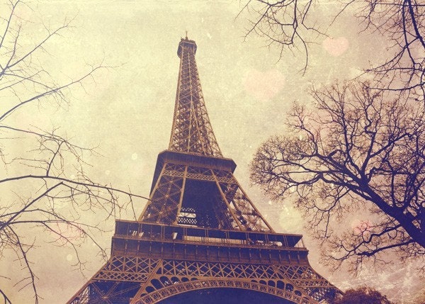 Paris Love - 5x7 fine art photo print - romantic print of the Eiffel Tower against a soft sky with pink love hearts.