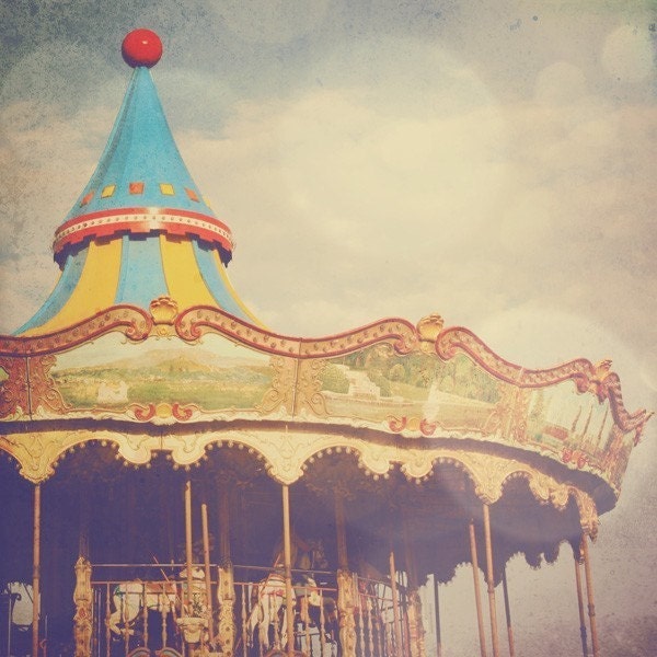 Carousel photo, merry go round,  carnival, fair, fairground, summer, vintage, circus, nursery art, retro home decor, 4x4 fine art print