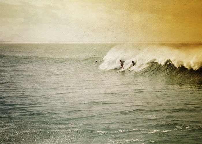 Surfing photo, surfers riding wave, summer, orange, green, yellow, retro, home decor  8x10 fine art print. Buy one get one free sale.