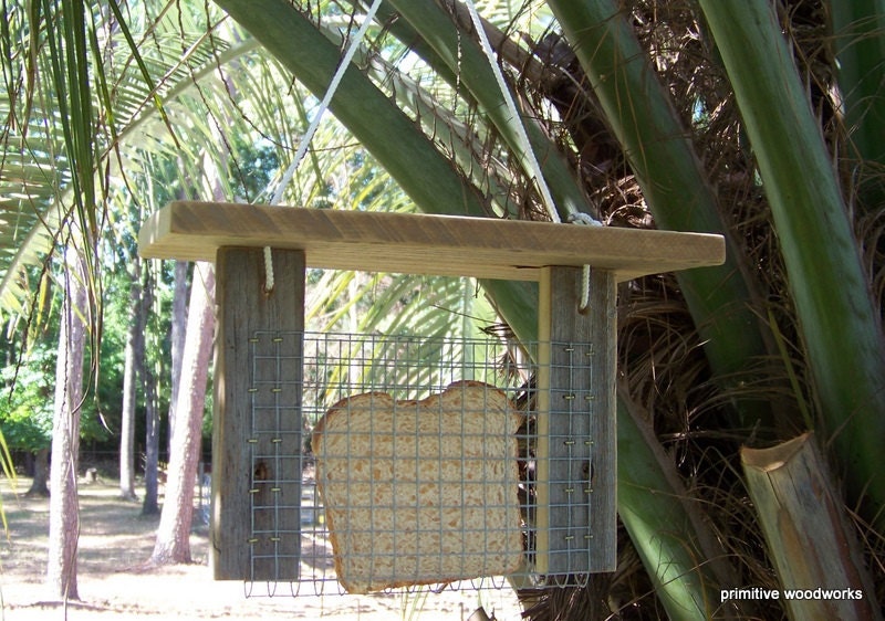 Bread or Toast Bird Feeder with Roof - Primitive Rustic Recycled Weathered Natural  Rough Cedar