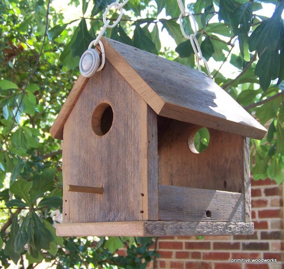 Wooden Bird House Bird Feeder, Recycled Natural Weathered Rough Cedar 