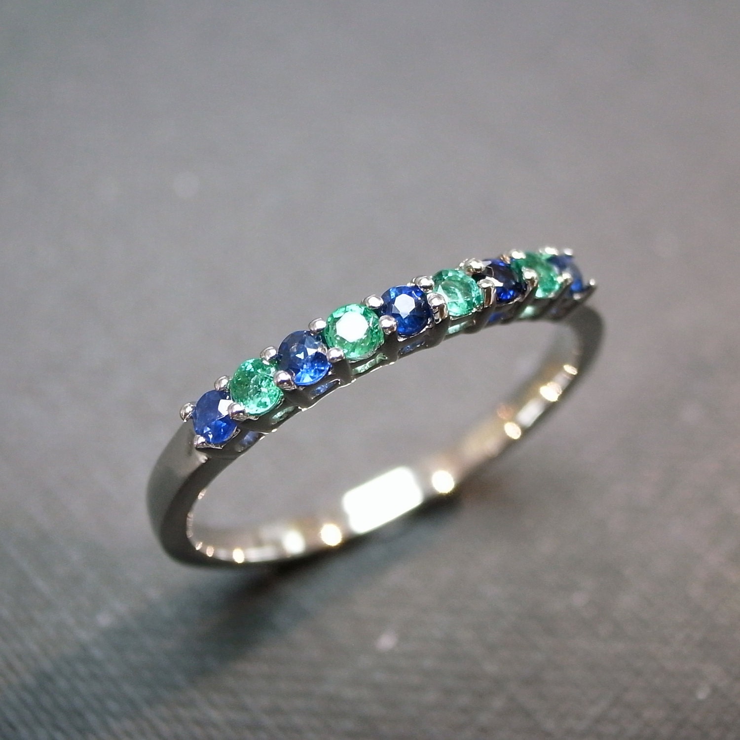 Blue Sapphire and Emerald Wedding Ring in 14 White Gold