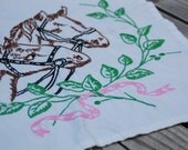 Vintage 1950s horse embroidery, table scarf, breast cancer fund