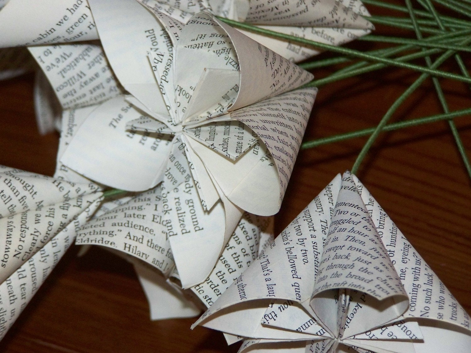 Five Origami Book Page Flowers Four Inch With Stems