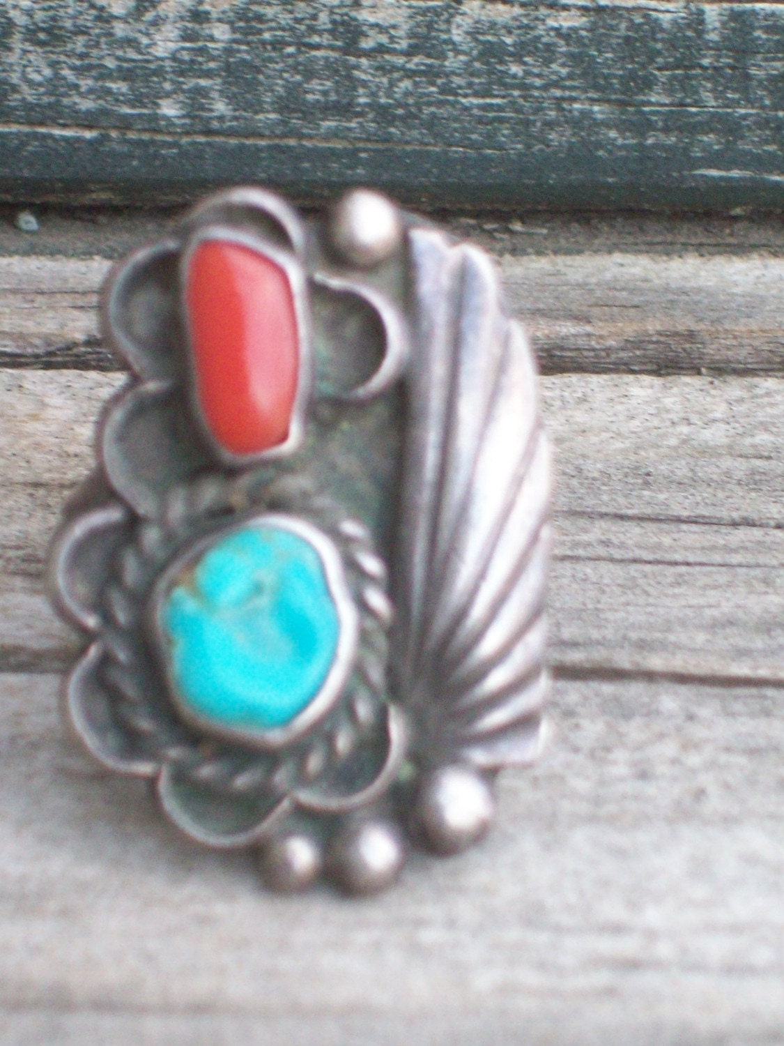 Vintage Sterling Silver Turquoise and Coral Navajo Ring