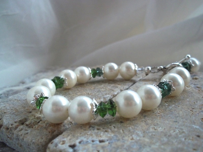White Shell Pearl and Emerald Quartz Dangle Bracelet Bridal and Bridesmaid Jewelry