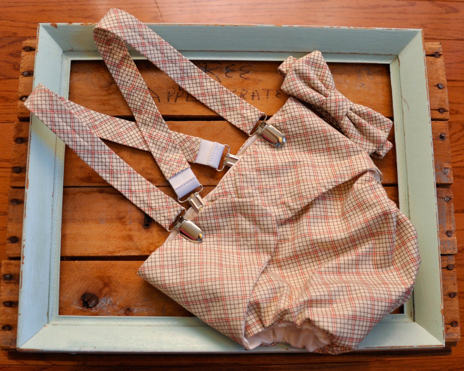 Baby Boy Diaper Cover Bow Tie and Suspender Set Great for Photo Props Brown Khaki Red fabric by Moda