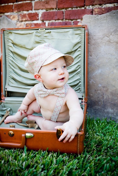 Baby Boy Diaper Cover Bow Tie and Suspender Set Great for Photo Props Brown Khaki Red fabric by Moda