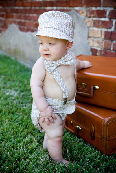 Baby Boy Diaper Cover Bow Tie and Suspender Set Great for Photo Props Brown Khaki Red fabric by Moda