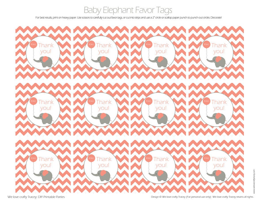 Baby Elephant Favor Tags CORAL- DIY Printable Parties