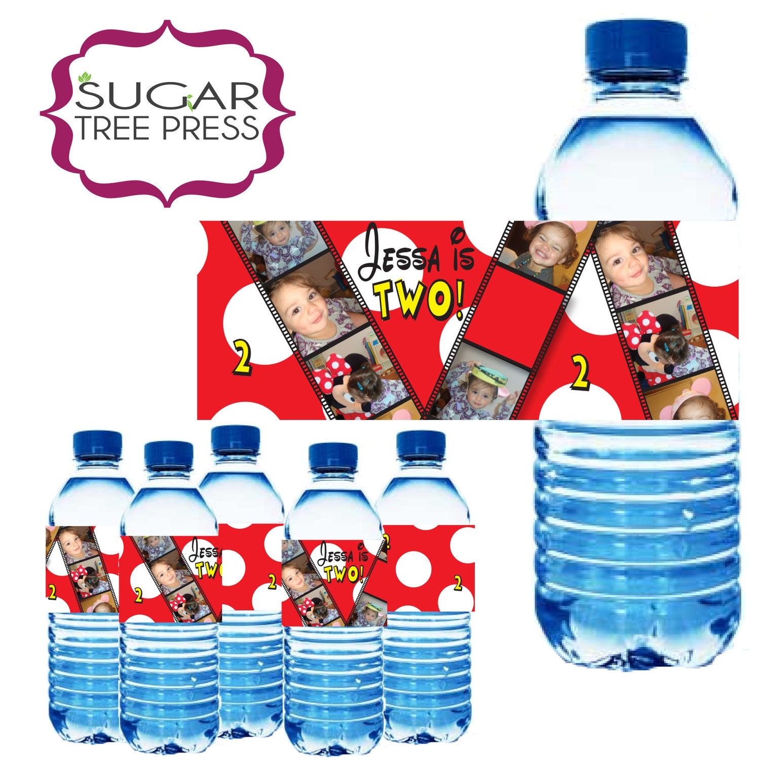 24 Minnie - Mickey Mouse Inspired Birthday Water Bottle Wrapper  with Polka dots and  coordinating party favors