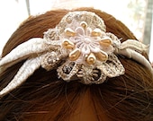 Bridal Lace Headband, vintage style with long ivory cream pearls and with white silver embroidery.
