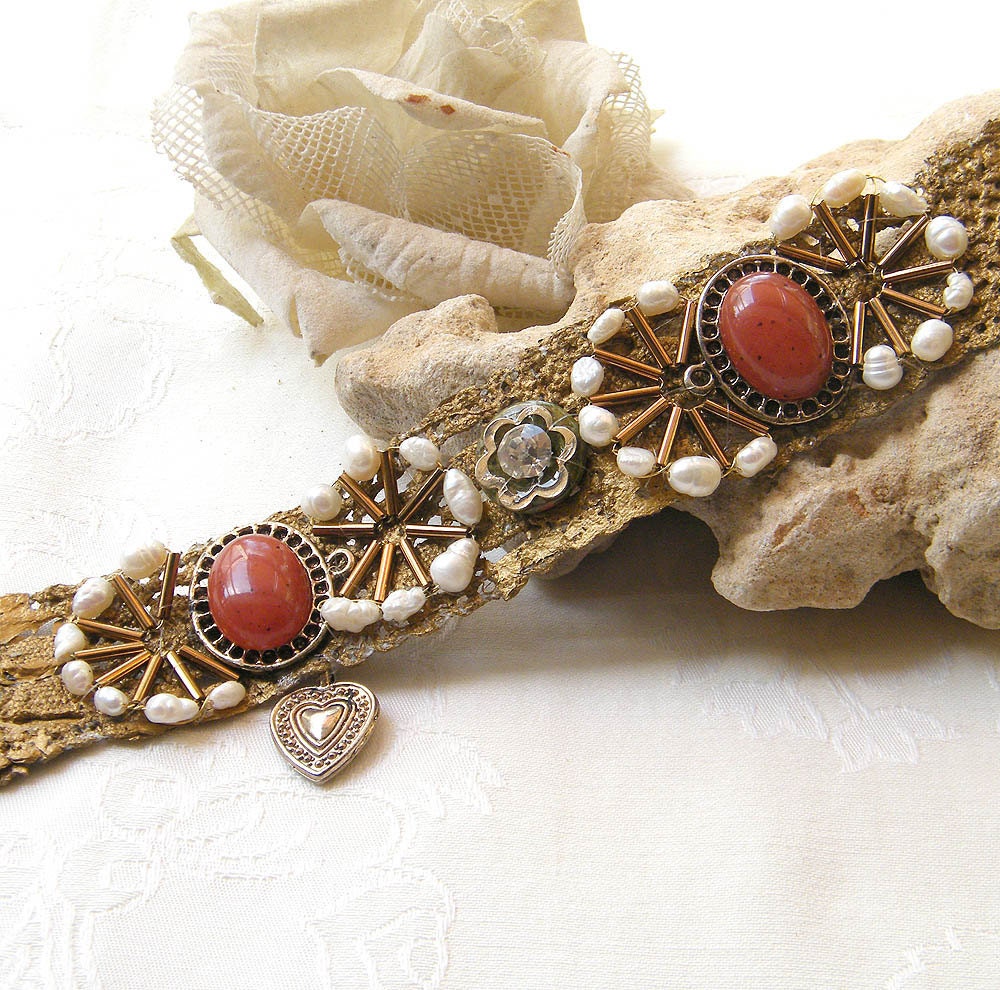Vintage Bracelet, with  round pearls, beads, special stone lucky heart and more motifs, stitched to a ribbon lace. charm wedding handmade.