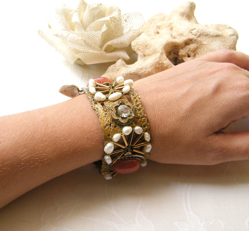 Vintage Bracelet, with  round pearls, beads, special stone lucky heart and more motifs, stitched to a ribbon lace. charm wedding handmade.