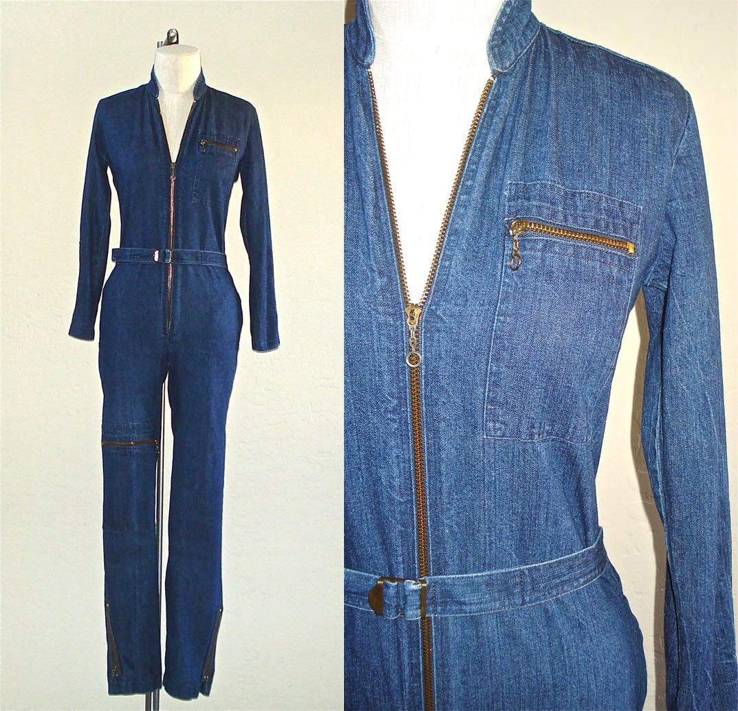 Vintage 80s dark DENIM JUMPSUIT zip up one by valleyofthesunvntg