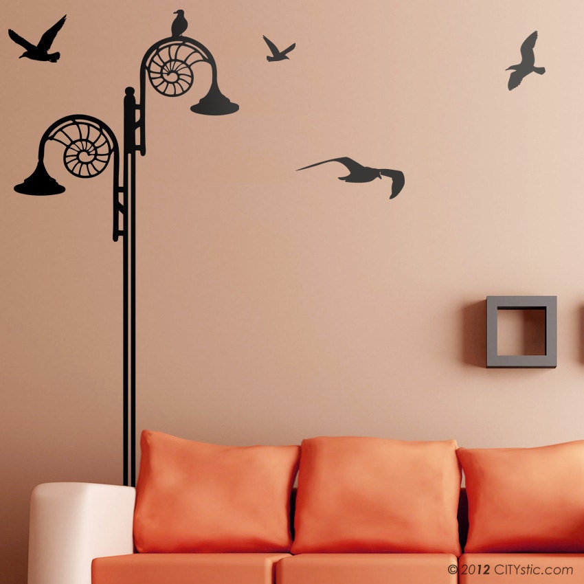 UK Jurassic Coast : WALL DECAL - Lyme Regis Street Lamp with seagulls flying and spiral seashell pattern.