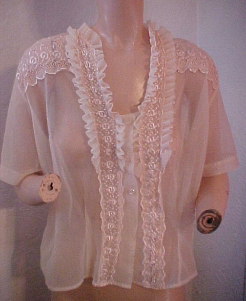 Vintage 50s Nylon Shell Pink Sheer Blouse Embroidered Eyelet Large