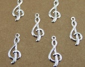 music note charm, treble clef silver plated brass, 10 charms (342D)