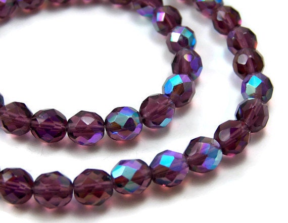 Full strand, Czech Glass beads, 8mm Amethyst Purple Aurora Borealis (166H)
