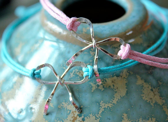 Set of 2 Sterling Silver Forget-Me-Knot Personalized Charm Waxed Cotten Bracelets