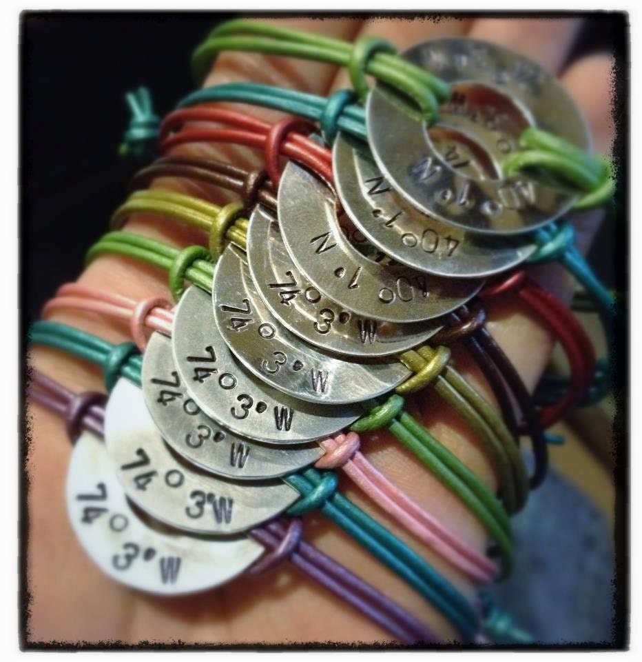 2 Aluminum Alloy Hand Stamped Latitude and Longitude Coordinates Washer with Leather Band Bracelets