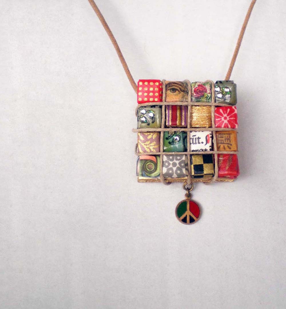 VINTAGE PEACE Charm Paper Rhinestone Eco Chic Necklace Jewelry
