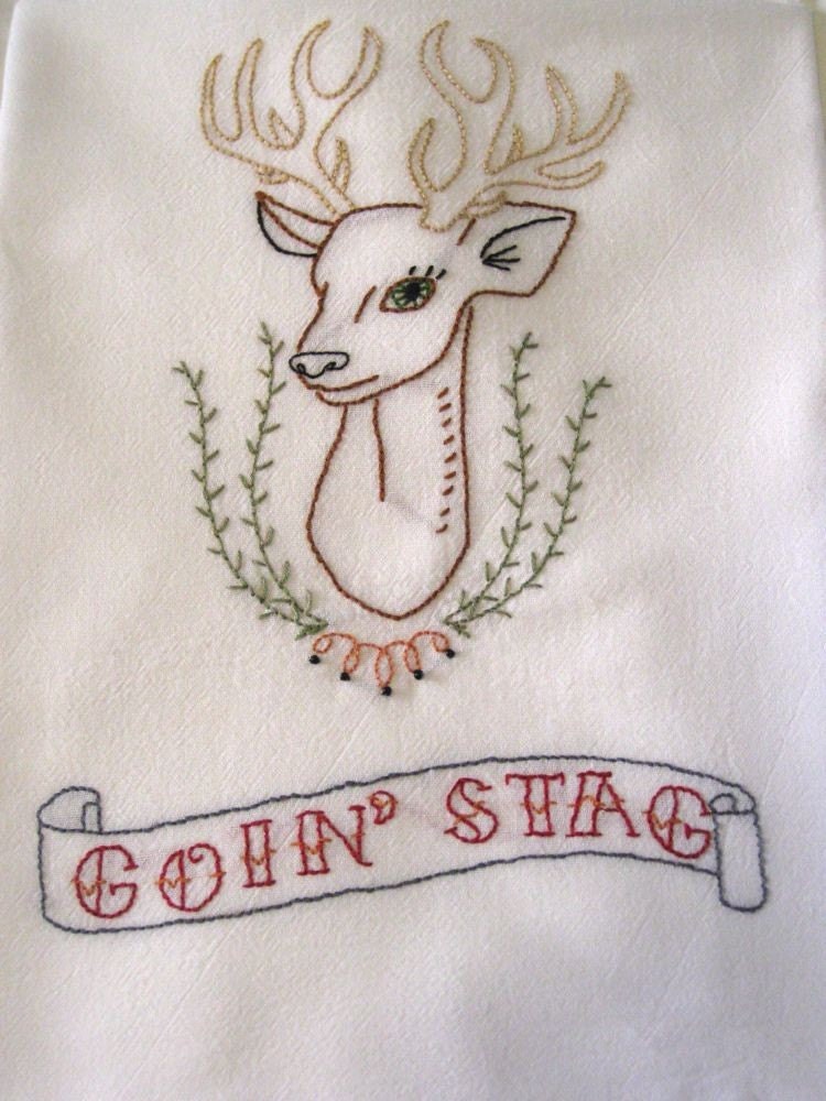 Hand-embroidered Goin' Stag tea towel