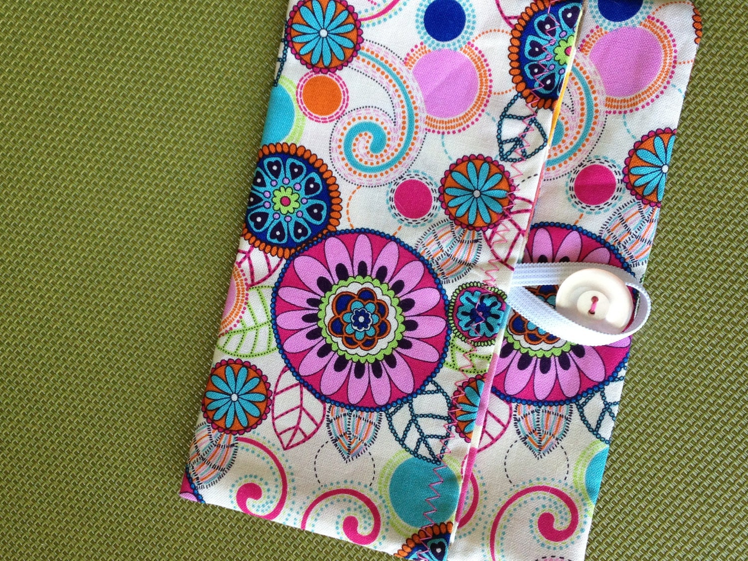 Psychadelic Flowers Foldover Clutch with Coordinating Lining and Translucent Pink Vintage Button