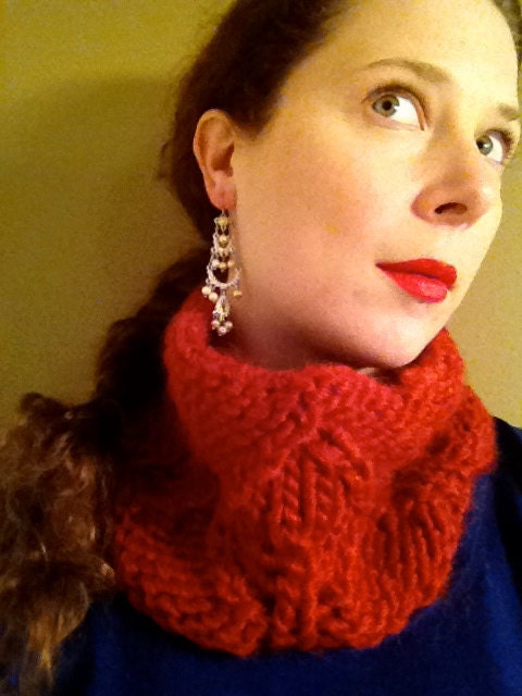 Aspen Leaf Motif Handknit Red Wool Neckwarmer