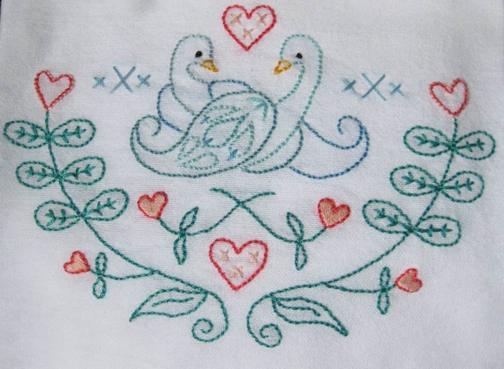 Lovebirds hand-embroidered tea towel