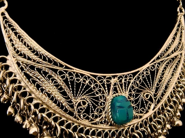 Beautiful Egyptian Filagree Openwork Scarab Necklace