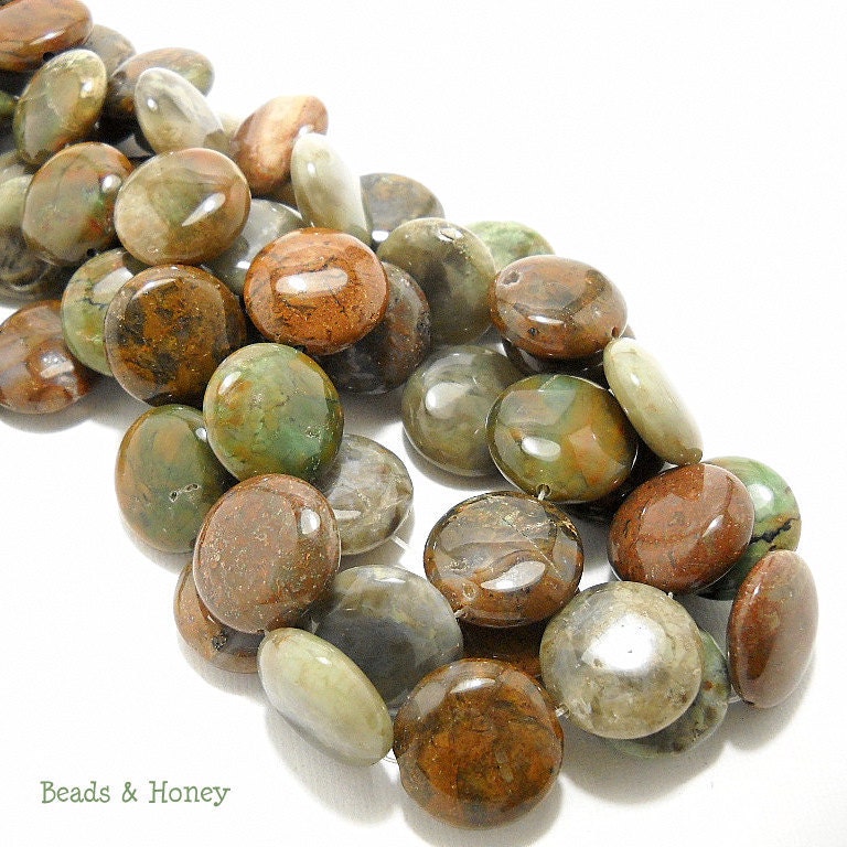 Green Opal Gemstone Beads, Round Coin, Puffed, Smooth, Semiprecious Stone, 18mm, Large, Half Strand, 10pcs - ID 687