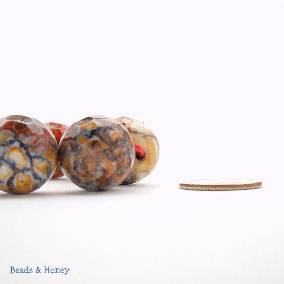 Agate, Brick Red, White, Dark Blue, and Brown, Fired, Round, Faceted, Gemstone Bead, 16mm, Large, 10pcs - ID 987