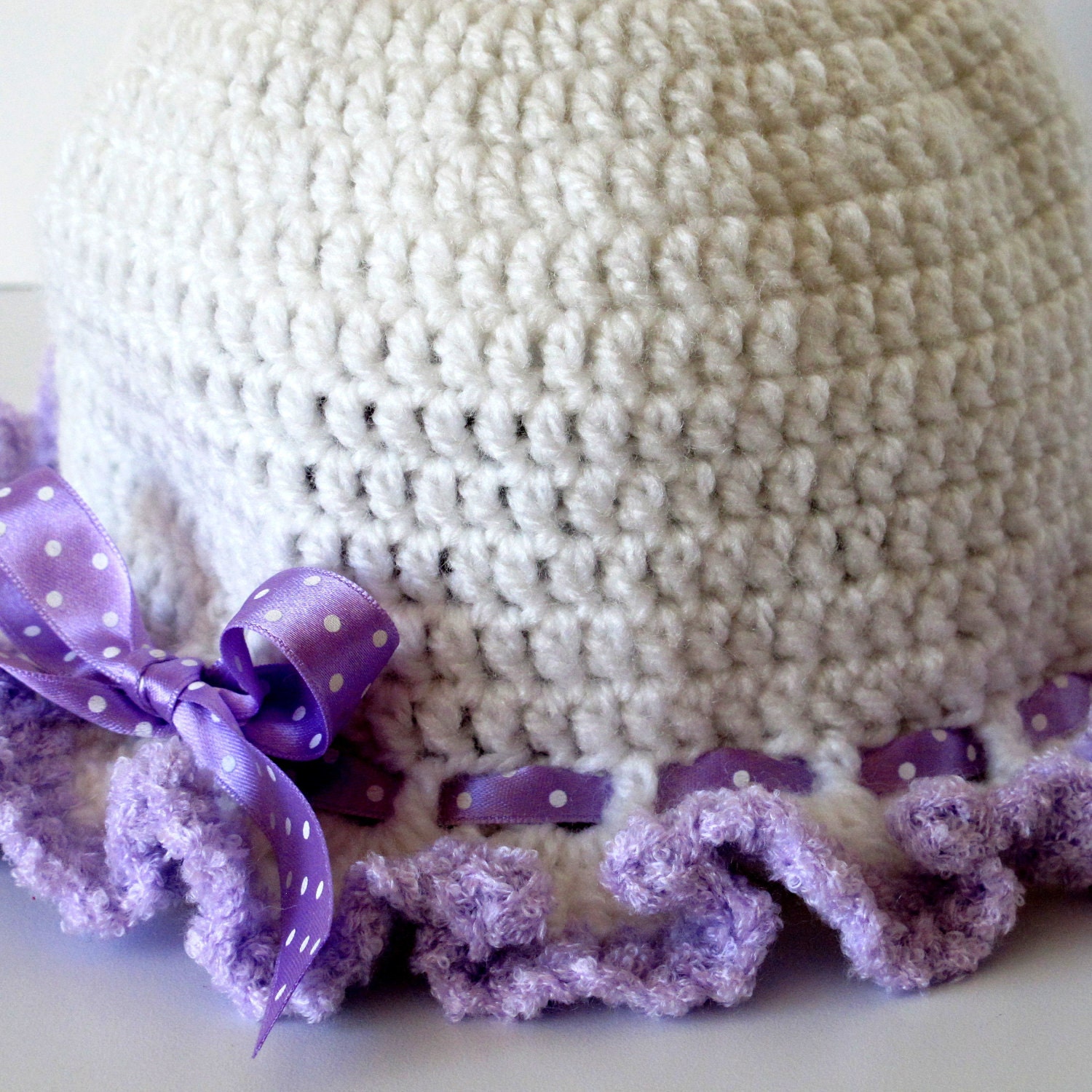 Girl's White and Lavender Summer Crocheted Hat