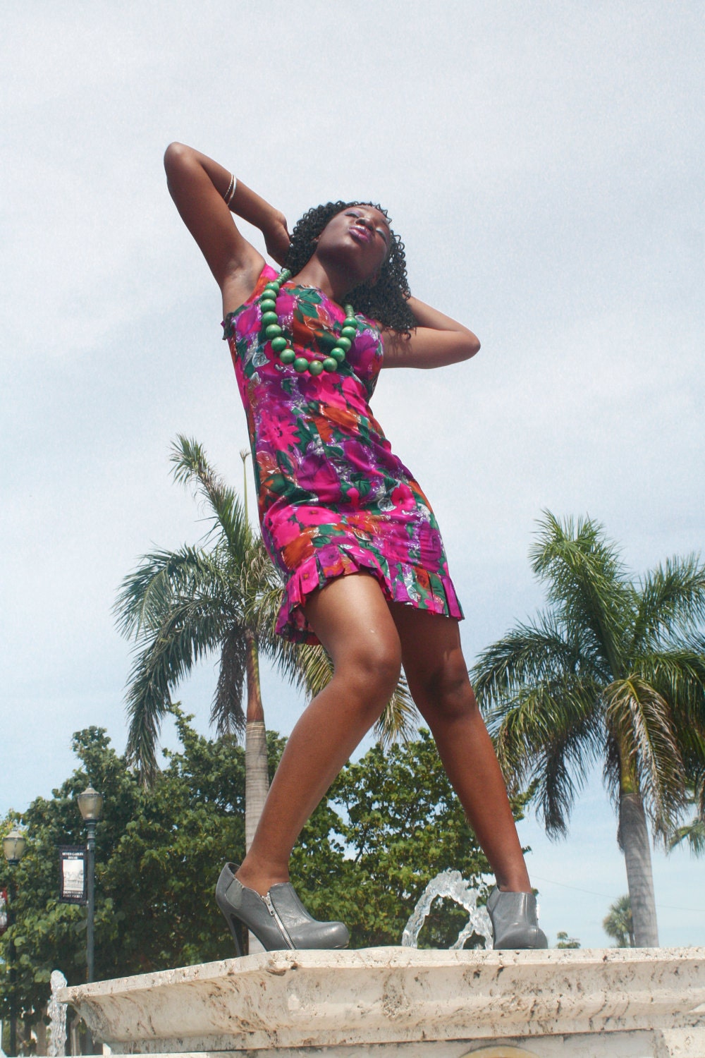 Vintage 1980s Fuschia Floral Mini Dress with Tennis Pleats Knapp Studios Califorina